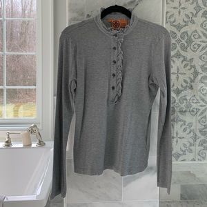 Tory Burch Gray Distressed Long Sleeve Polo